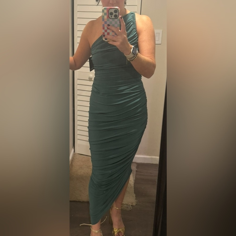 Norma Kamali Dress, one shoulder, color: Mountain Green, size: XS, NWT!